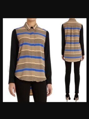 Sea New York Striped Hidden Button-Up Blouse 100% Silk Contrast Sleeve $294.00